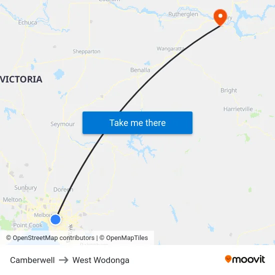 Camberwell to West Wodonga map