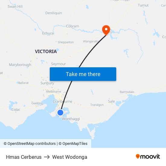 Hmas Cerberus to West Wodonga map