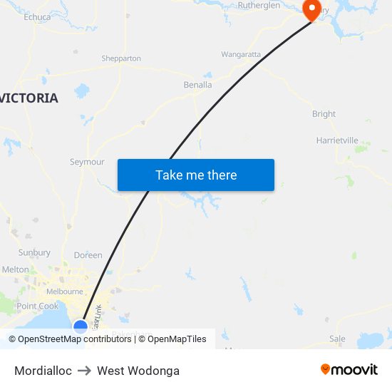 Mordialloc to West Wodonga map