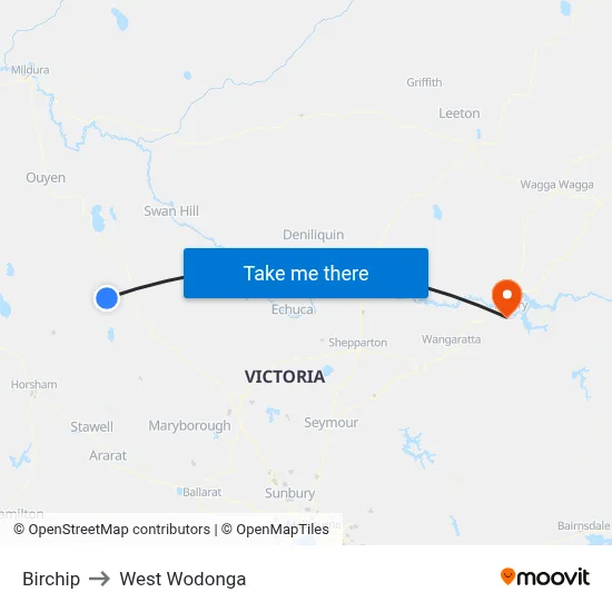 Birchip to West Wodonga map