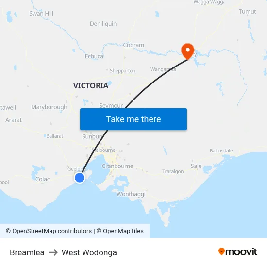 Breamlea to West Wodonga map