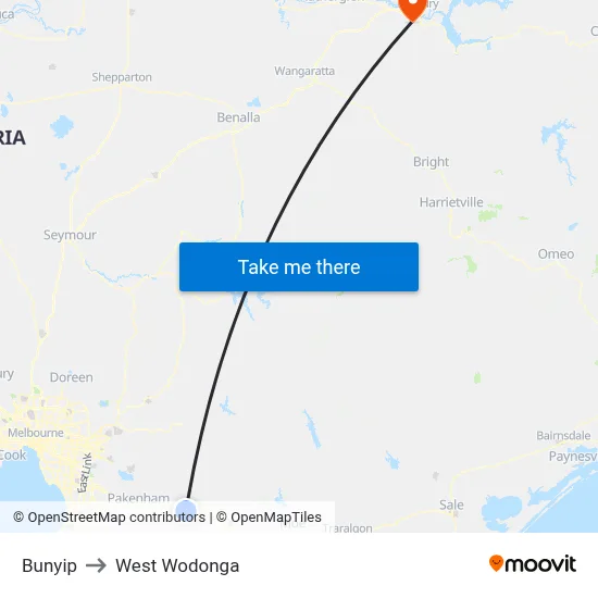 Bunyip to West Wodonga map
