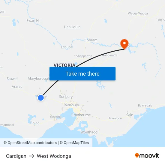 Cardigan to West Wodonga map
