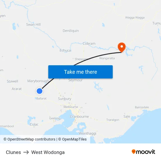 Clunes to West Wodonga map