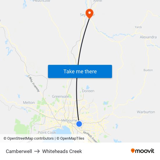 Camberwell to Whiteheads Creek map