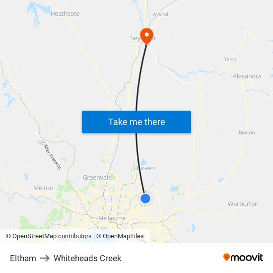 Eltham to Whiteheads Creek map