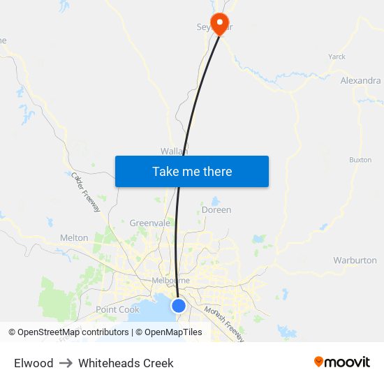 Elwood to Whiteheads Creek map