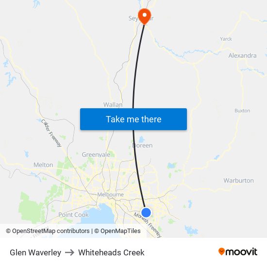 Glen Waverley to Whiteheads Creek map
