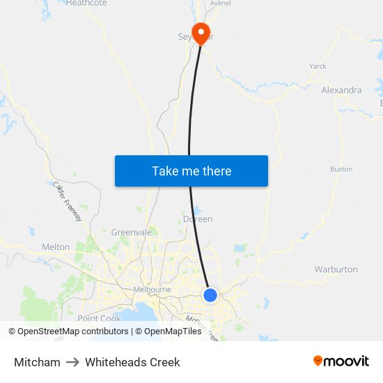 Mitcham to Whiteheads Creek map
