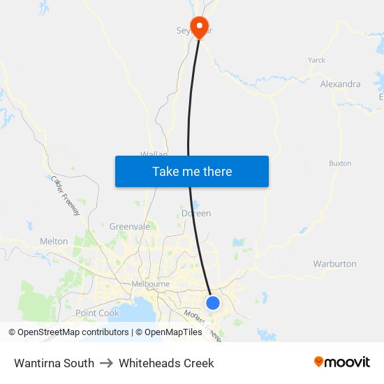 Wantirna South to Whiteheads Creek map