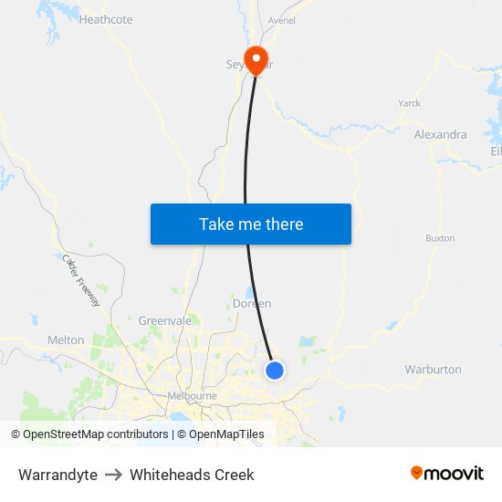 Warrandyte to Whiteheads Creek map