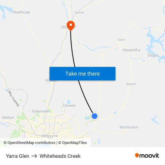 Yarra Glen to Whiteheads Creek map