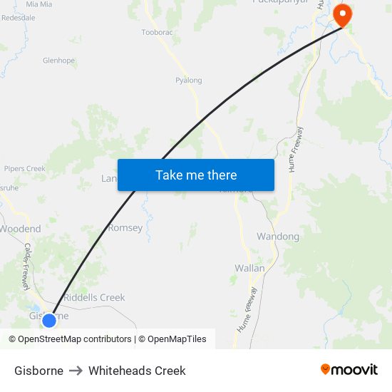 Gisborne to Whiteheads Creek map