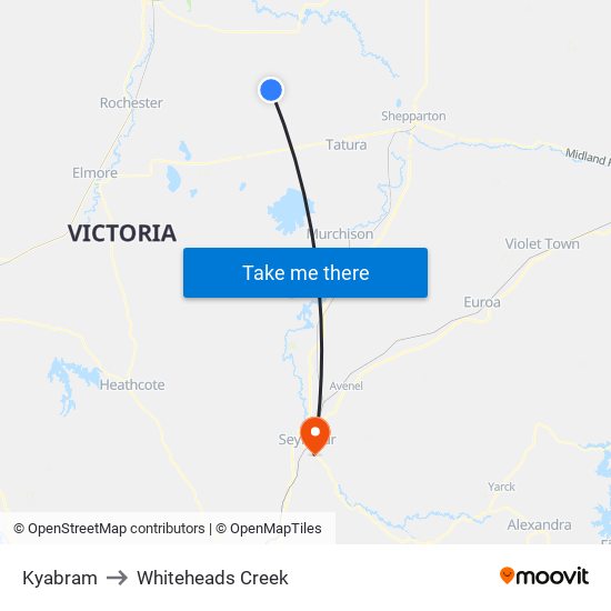 Kyabram to Whiteheads Creek map