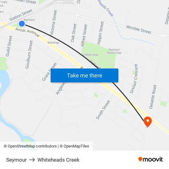 Seymour to Whiteheads Creek map