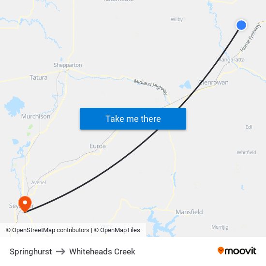 Springhurst to Whiteheads Creek map