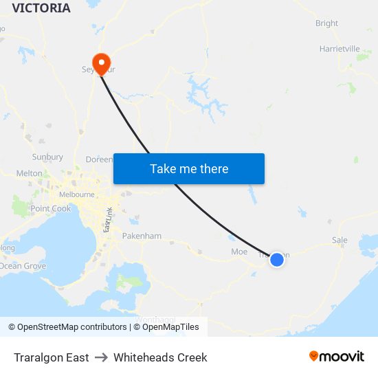 Traralgon East to Whiteheads Creek map