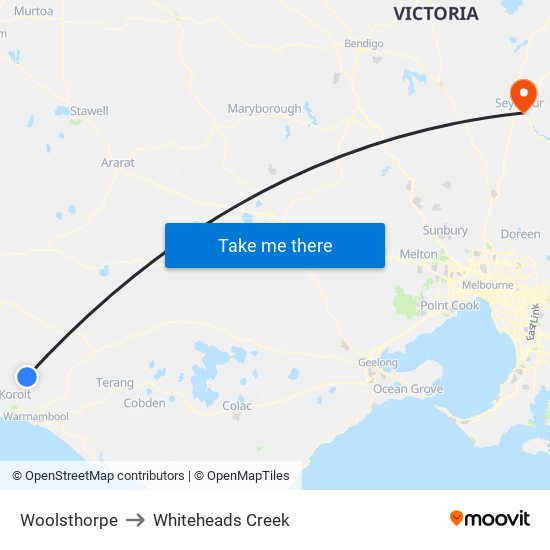 Woolsthorpe to Whiteheads Creek map
