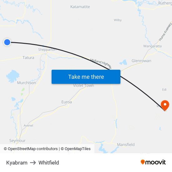 Kyabram to Whitfield map