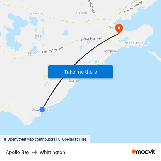 Apollo Bay to Whittington map
