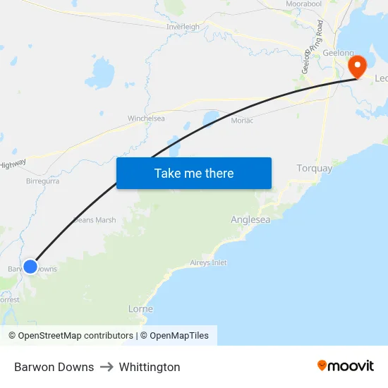 Barwon Downs to Whittington map
