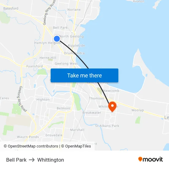 Bell Park to Whittington map