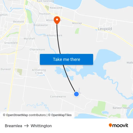 Breamlea to Whittington map