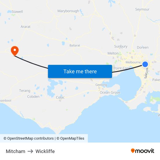 Mitcham to Wickliffe map