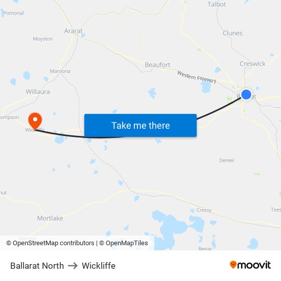 Ballarat North to Wickliffe map