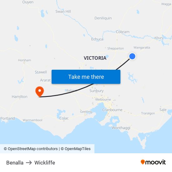 Benalla to Wickliffe map