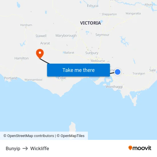 Bunyip to Wickliffe map