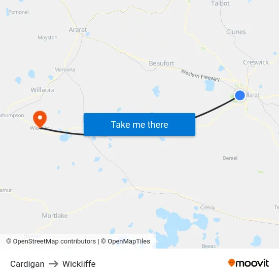 Cardigan to Wickliffe map