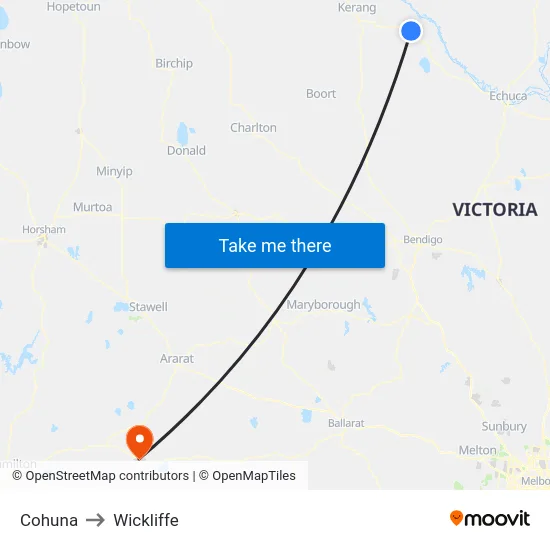 Cohuna to Wickliffe map