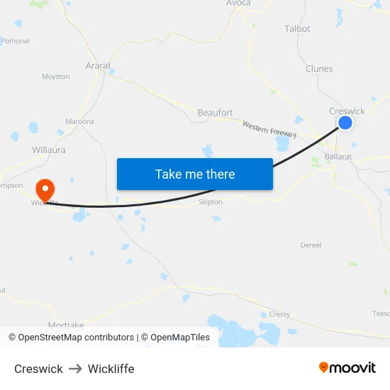 Creswick to Wickliffe map