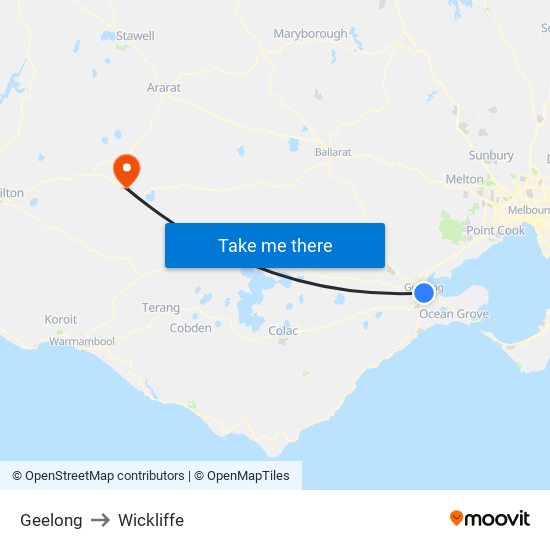 Geelong to Wickliffe map