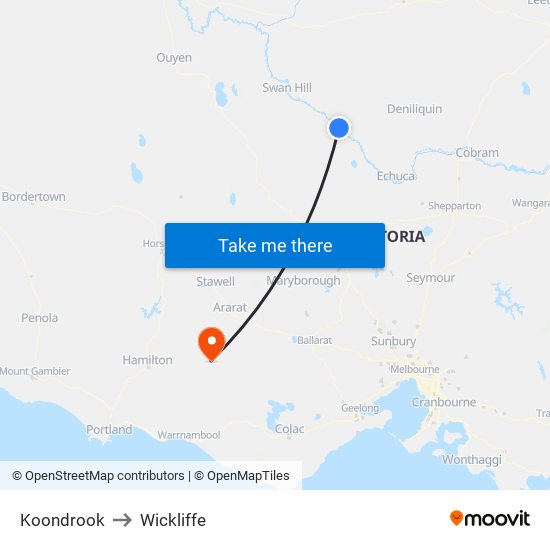 Koondrook to Wickliffe map