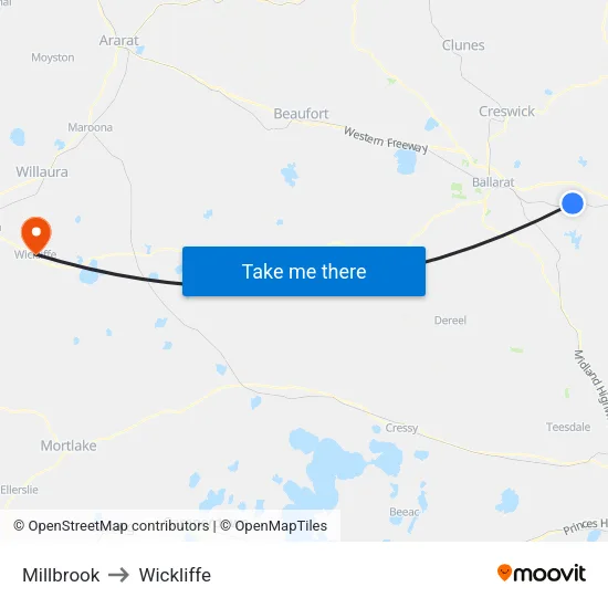 Millbrook to Wickliffe map