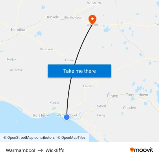 Warrnambool to Wickliffe map