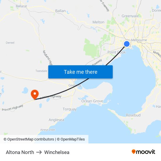 Altona North to Winchelsea map