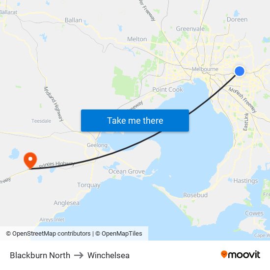 Blackburn North to Winchelsea map