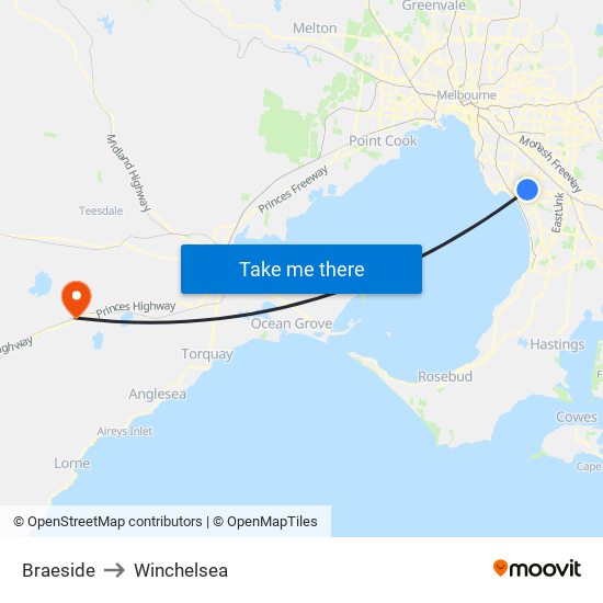 Braeside to Winchelsea map