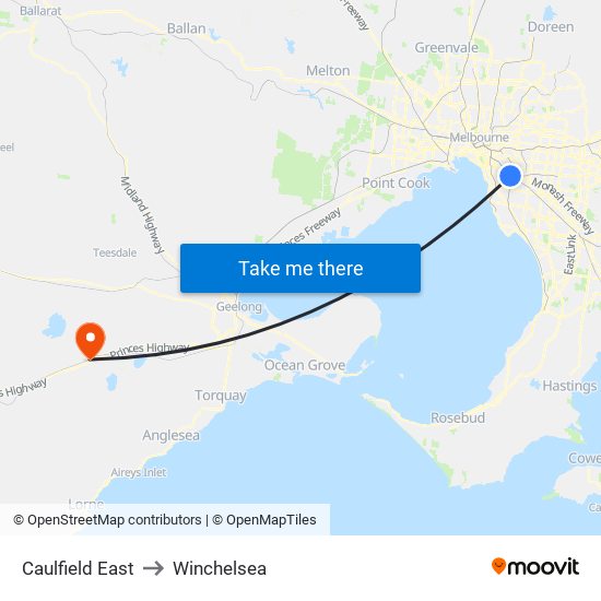 Caulfield East to Winchelsea map