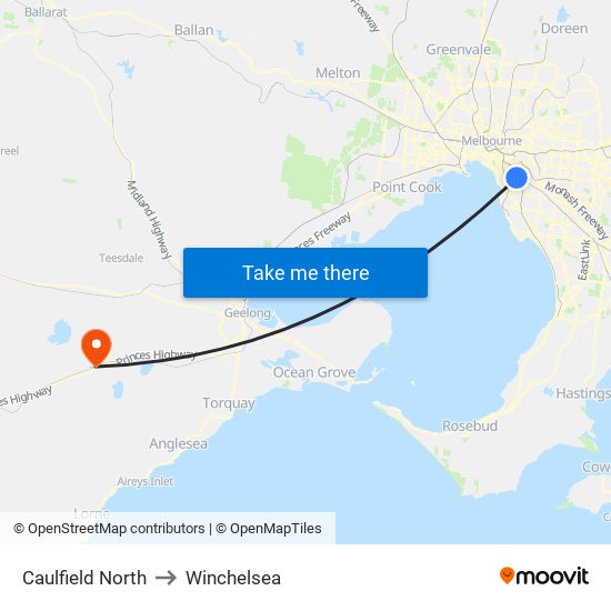 Caulfield North to Winchelsea map