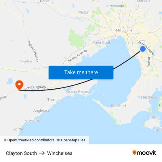 Clayton South to Winchelsea map