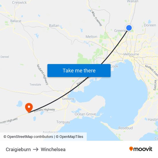 Craigieburn to Winchelsea map