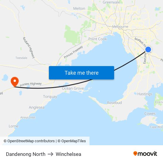 Dandenong North to Winchelsea map