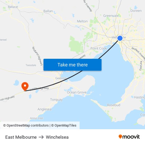 East Melbourne to Winchelsea map