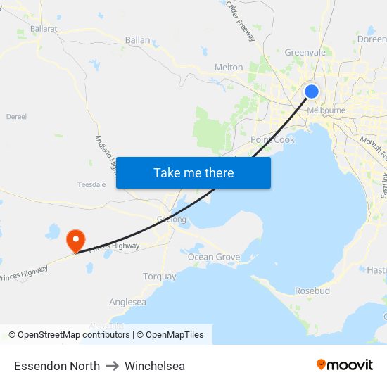 Essendon North to Winchelsea map