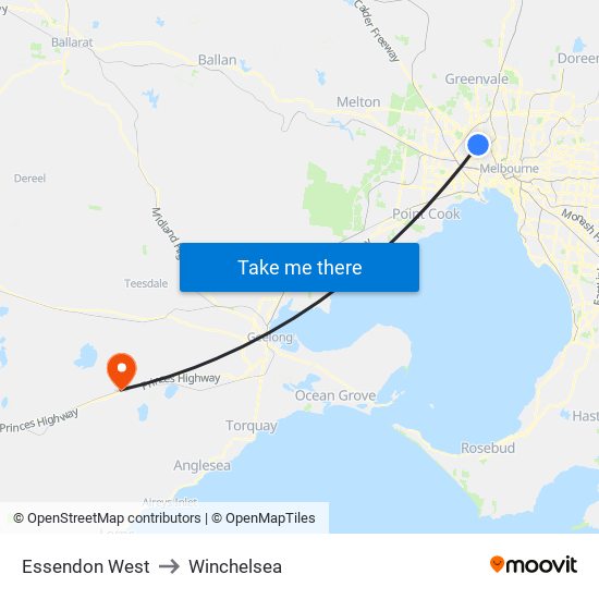 Essendon West to Winchelsea map