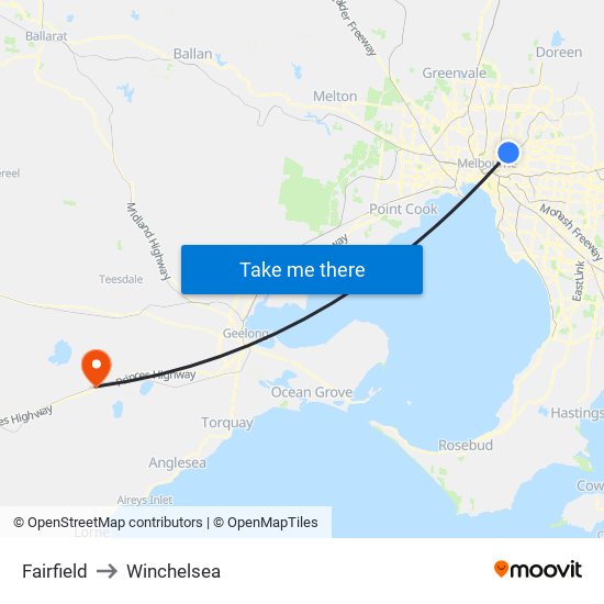 Fairfield to Winchelsea map